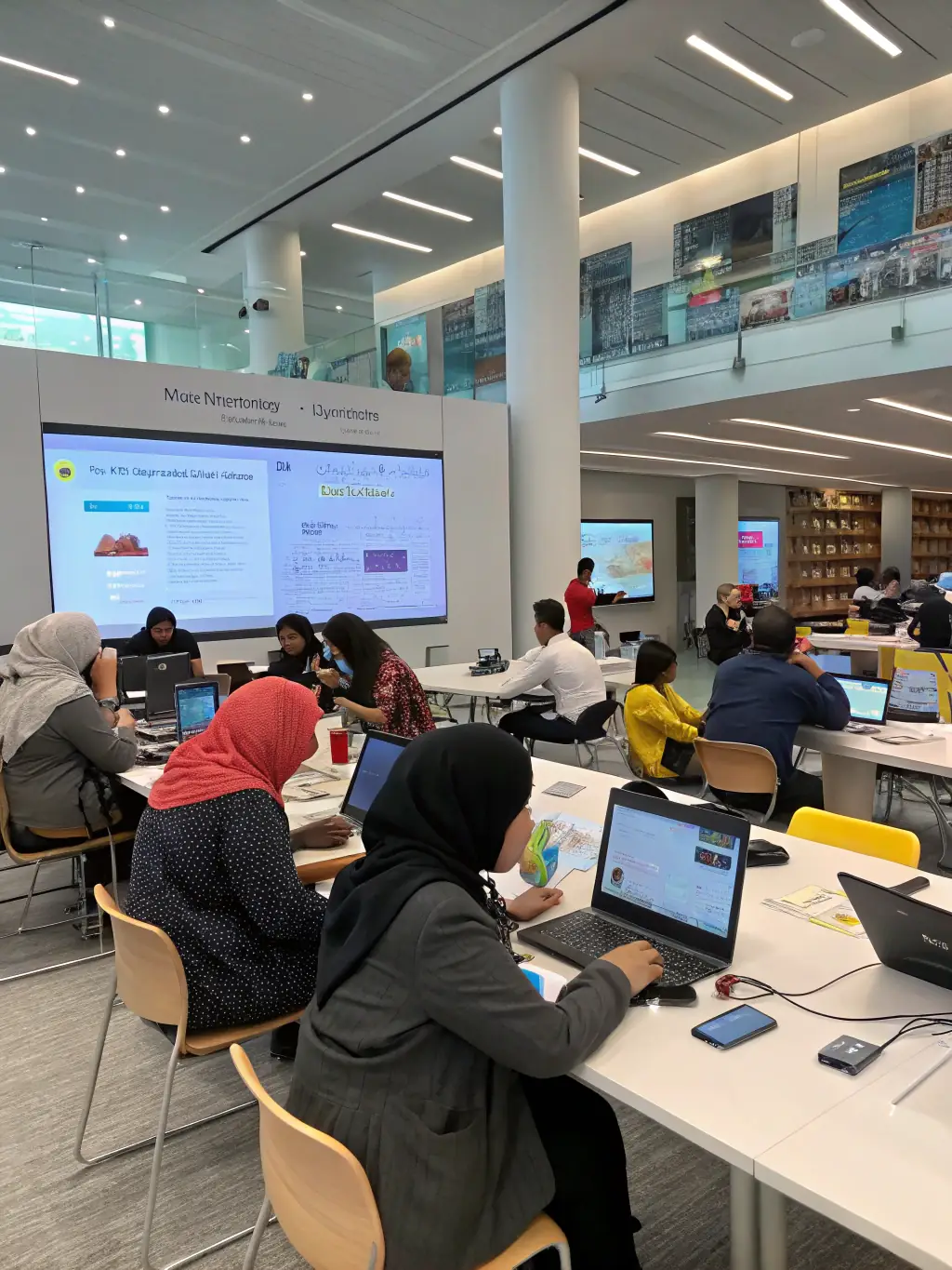 A group of young adults participating in a workshop on digital literacy, focusing on practical skills for online communication and information management, set in a modern, well-equipped classroom.
