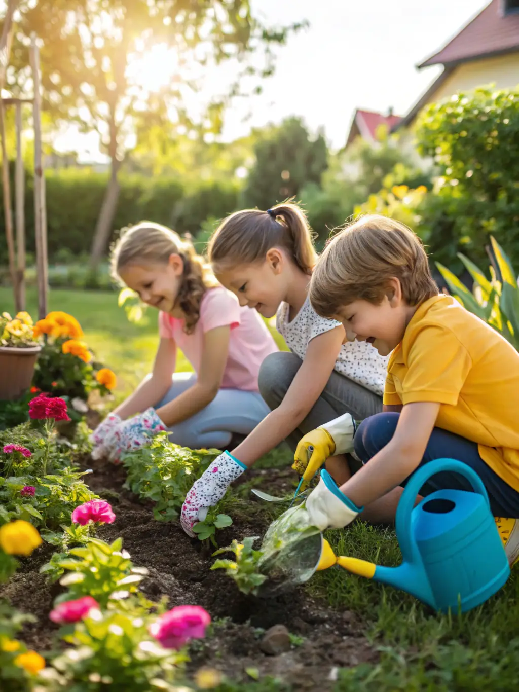 Children planting seedlings in a community garden, learning about sustainable agriculture and environmental stewardship, with an emphasis on hands-on experience and ecological awareness.