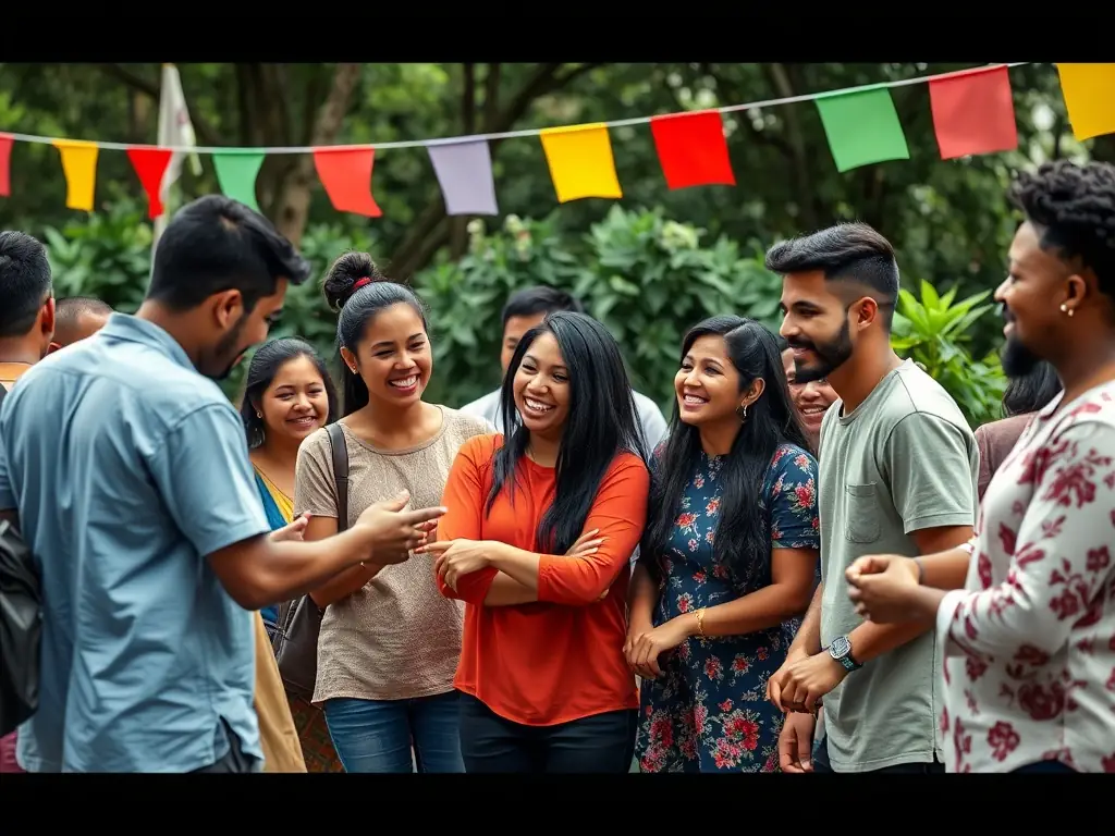 A vibrant photograph capturing a group of young adults participating in a FRJEP-led outdoor adventure activity in a lush, green rural setting. The participants are smiling and engaged, showcasing the fun and camaraderie of the program.