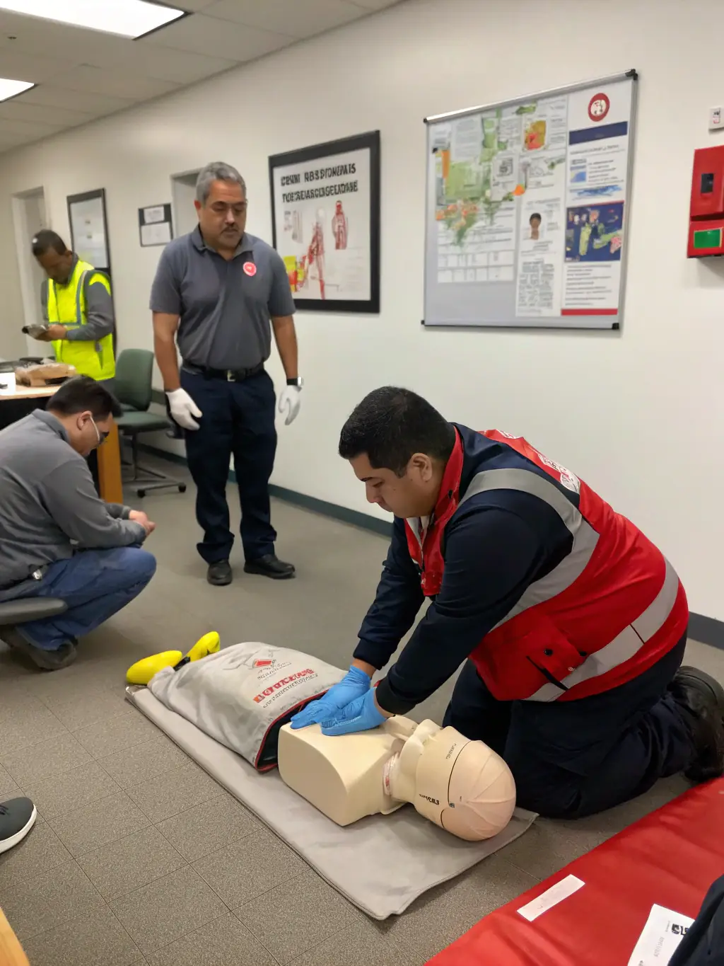 A diverse group of individuals participating in a first aid training session, learning essential life-saving skills and emergency response techniques, in a practical and engaging environment.