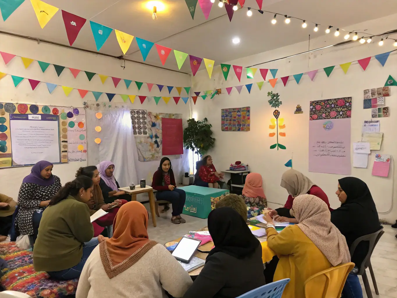 A warm and inviting image of community members of all ages gathered together in a FRJEP workshop, learning a new skill such as traditional crafts or sustainable gardening techniques. The atmosphere is collaborative and supportive.