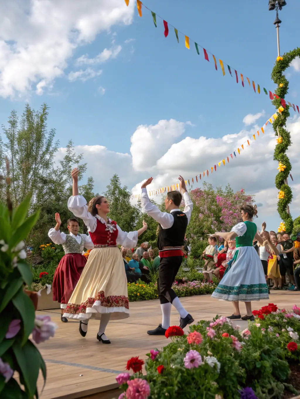 A vibrant scene of community members of all ages engaged in a traditional folk dance during a cultural festival, showcasing local heritage and promoting intergenerational interaction.