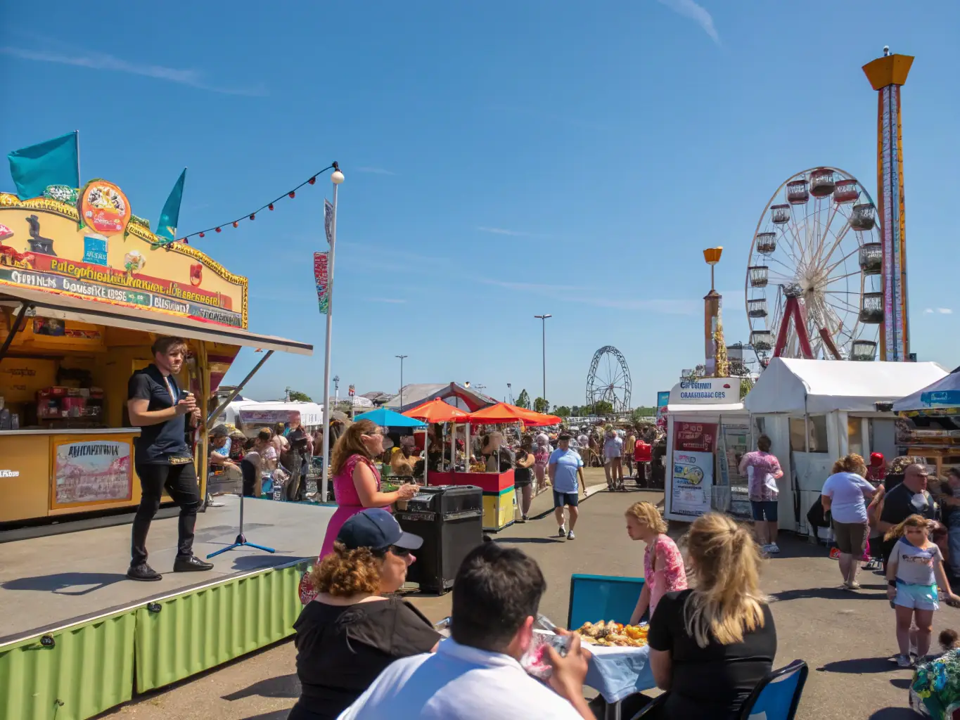 A vibrant scene of community members of all ages gathered at a local park for an outdoor cultural festival. The image captures the energy and diversity of the event, with music, dance, and food stalls creating a festive atmosphere.