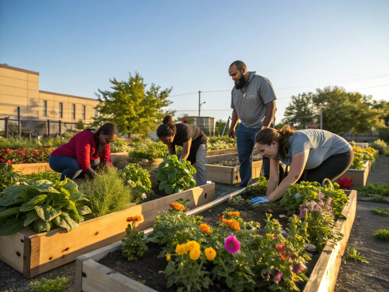A group of children and adults working together on a community garden project, planting vegetables and flowers. The setting is a sunny, well-maintained garden, symbolizing growth, sustainability, and community collaboration.