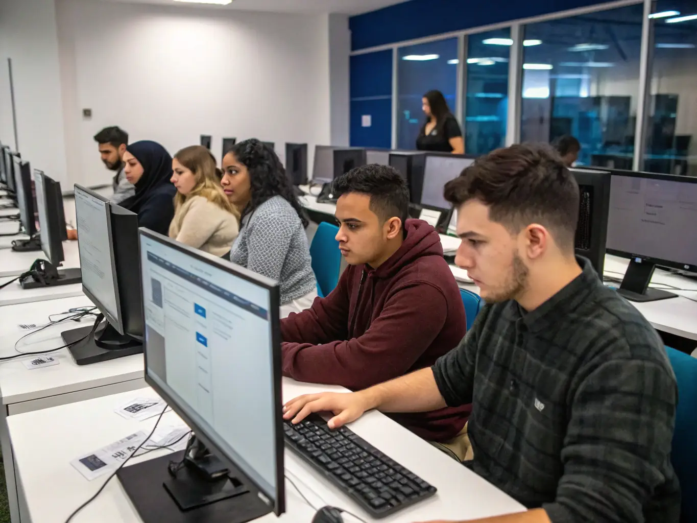 A group of young adults participating in a workshop on digital literacy, set in a modern, well-equipped classroom. The atmosphere is collaborative and engaging, with participants actively interacting with computers and instructors.